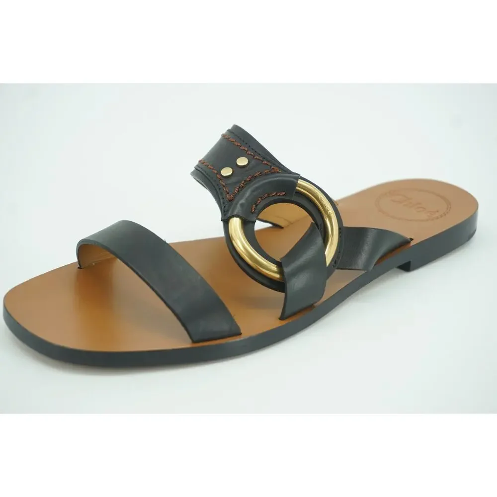 Chloe Demi Slide Buckle Glide Flat Sandals SZ 38 NIB New $670 Black Leather
